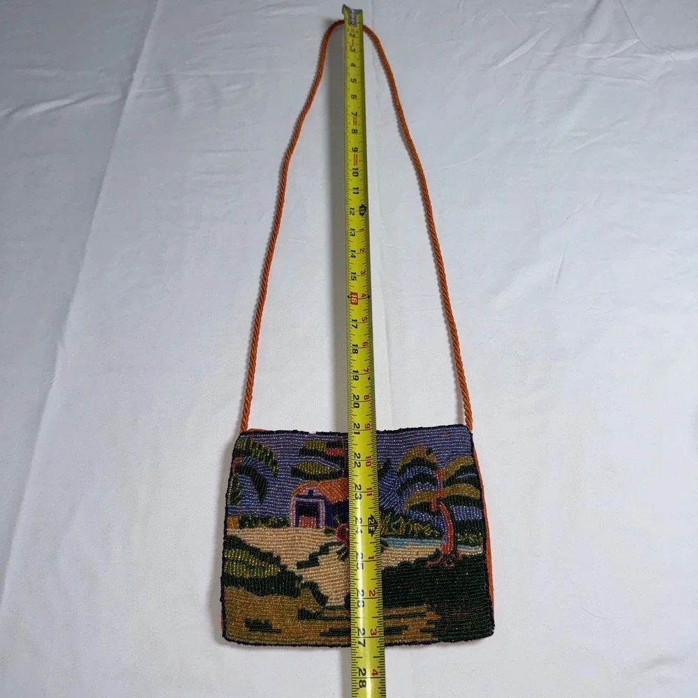 Vintage Tropical Beaded Crossbody Bag Orange Palm Tree Beach Scene Small Purse